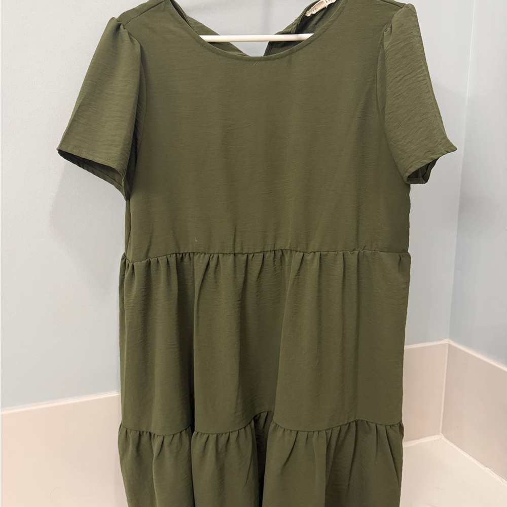 Kids Olive Green Tiered Short-Sleeve Dress